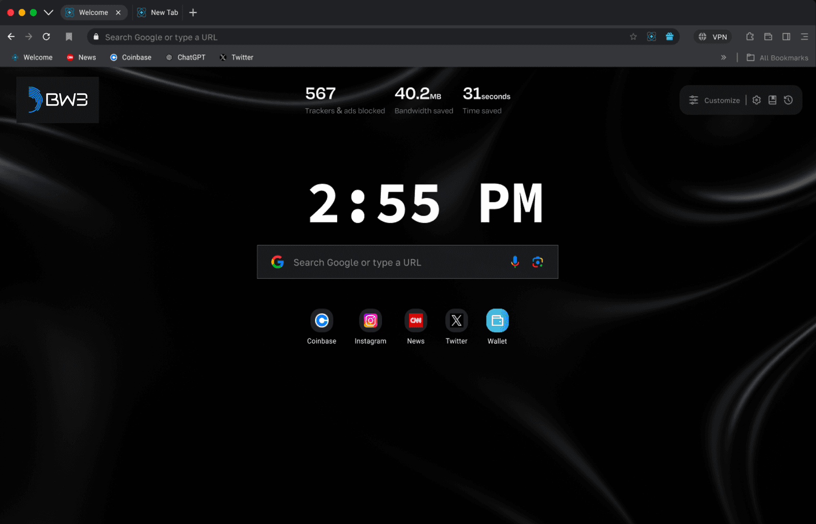 BW3 browser new-tab page showing tracker and ad counters, a VPN button and shortcut tiles
