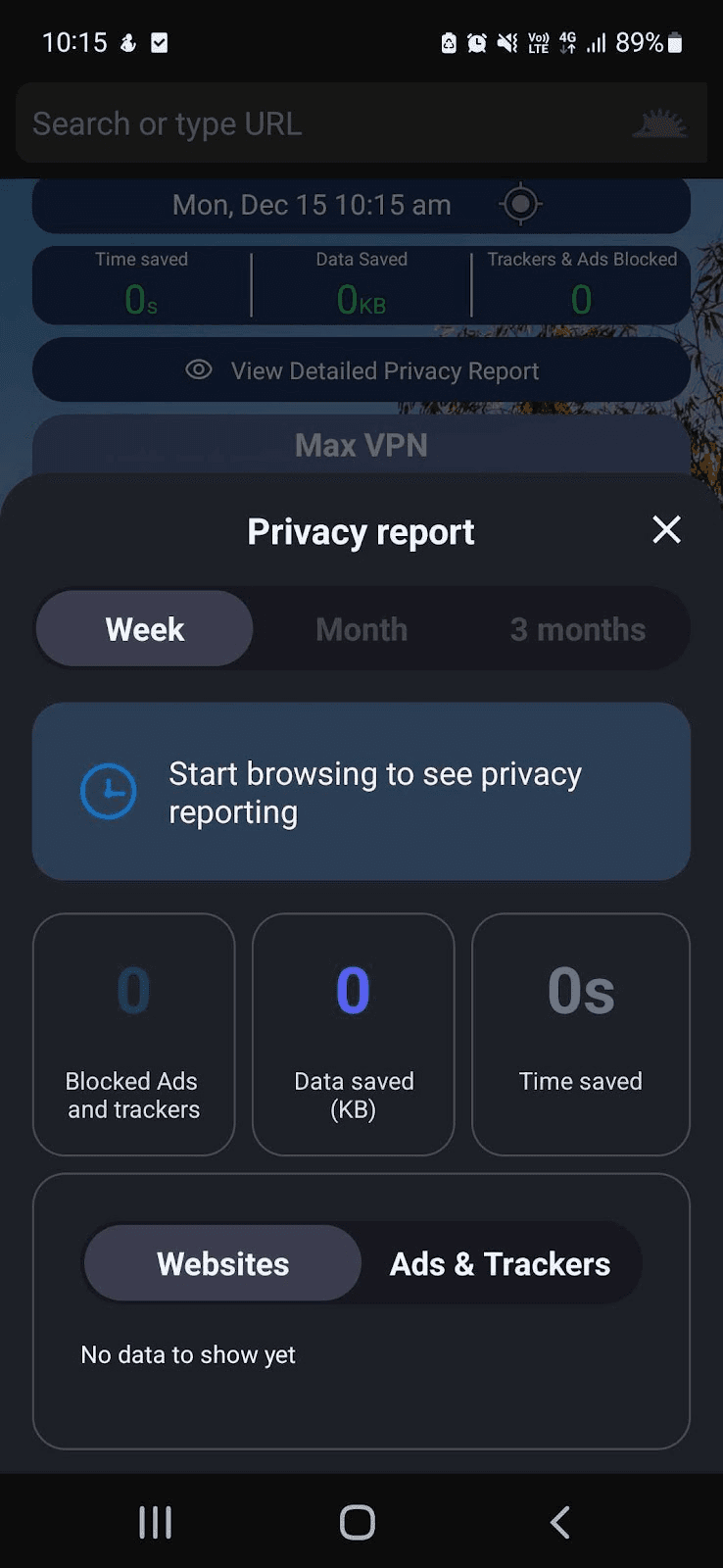Max privacy report showing blocked ads and trackers, data saved and time saved