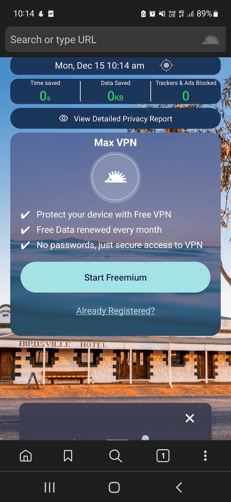 Max mobile browser showing the built-in Max VPN card with free monthly data