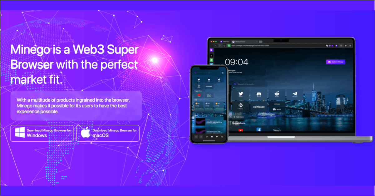 Minego Web3 Super Browser shown on a laptop and a phone, with its new-tab page and download buttons