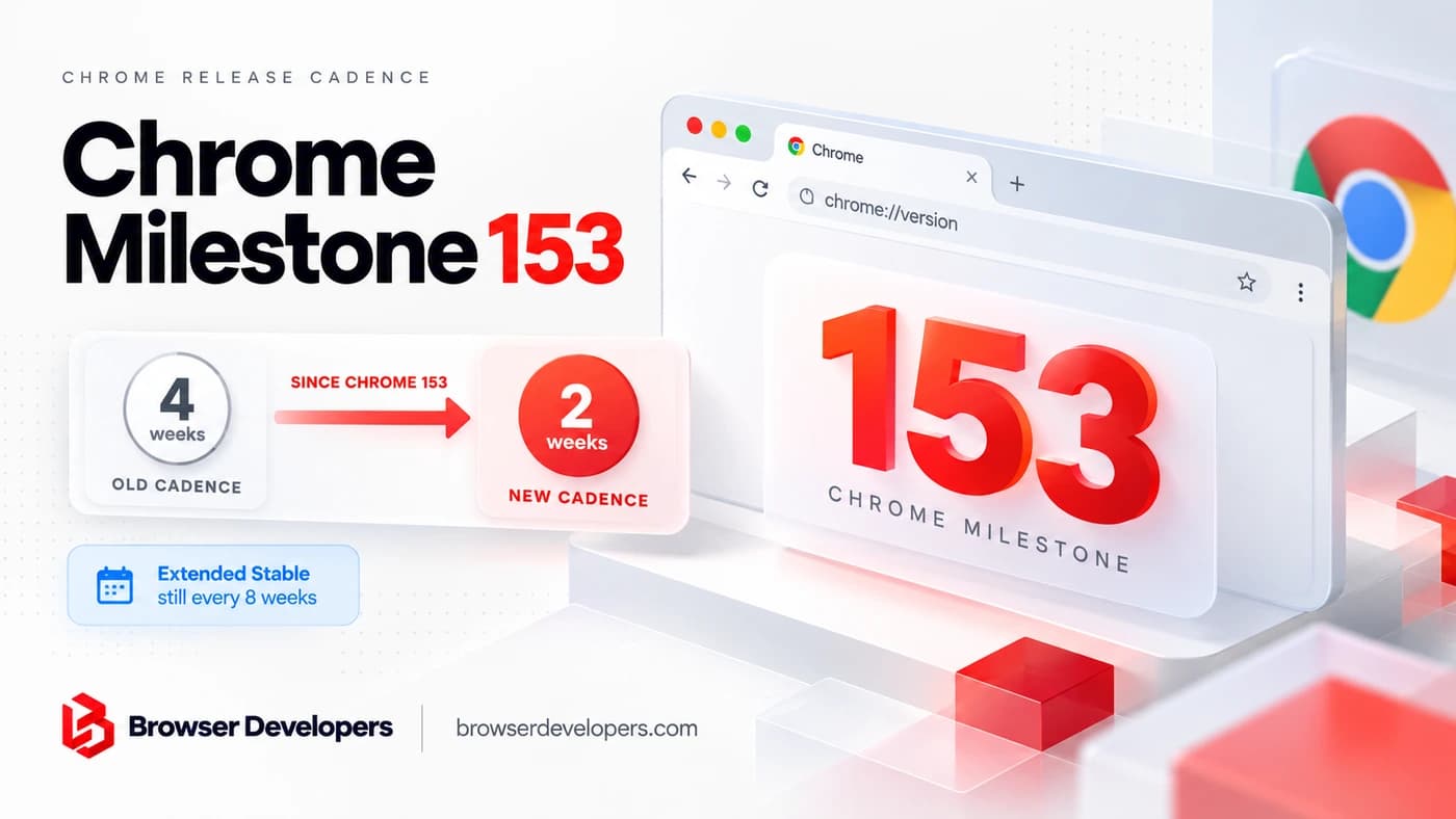 Title card reading "Chrome Milestone 153" next to a browser window showing chrome://version, a timeline from the old four-week release cadence to the new two-week cadence, and an Extended Stable note