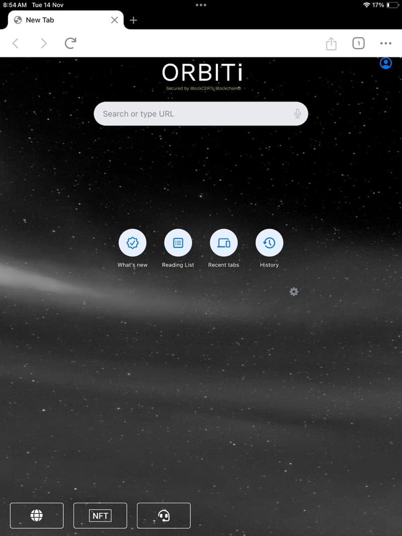 ORBITi Browser running on iPad with a tab bar and new-tab page