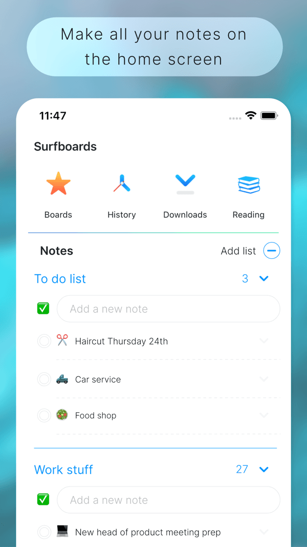 Sonmit mobile browser home screen with boards, history, downloads, reading list and to-do notes